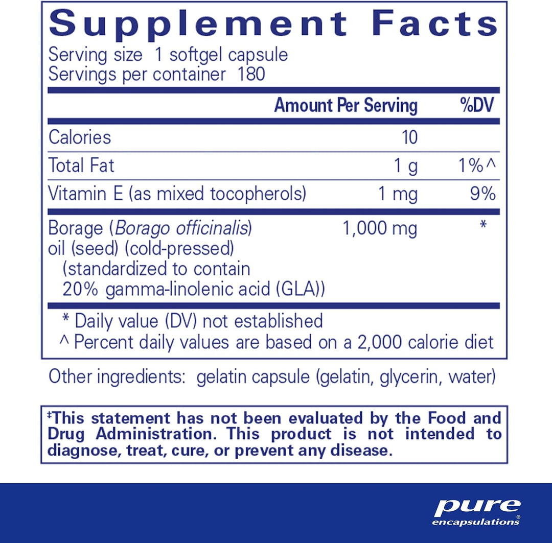 Pure Encapsulations Borage Oil Supports Skin Joint and Immune Health 180 Softgels