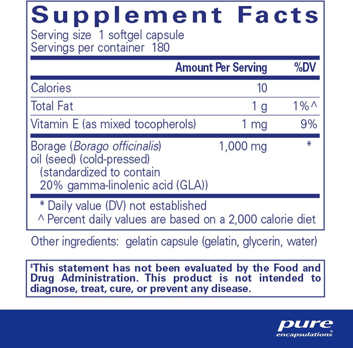 Pure Encapsulations Borage Oil Supports Skin Joint and Immune Health 180 Softgels
