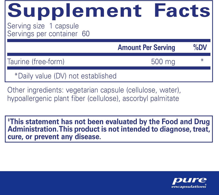 Pure Encapsulations Taurine 500 mg Supports Heart Liver and Eye Health 60 Caps