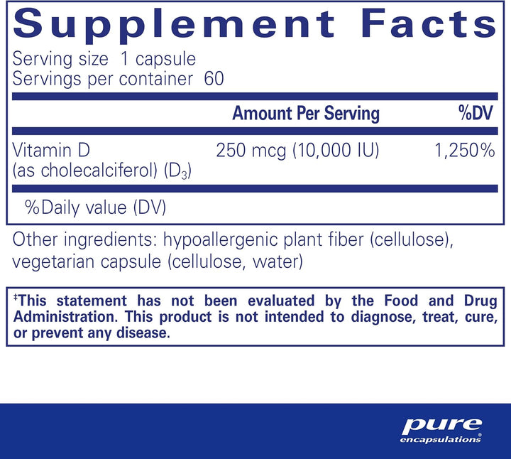 Pure Encapsulations Vitamin D3 10,000 IU Supports Bone Immune Health 60 Capsules