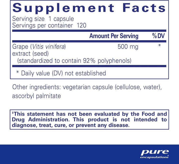 Pure Encapsulations Grape Pip 500 mg Supports Vascular Function 120 Capsules