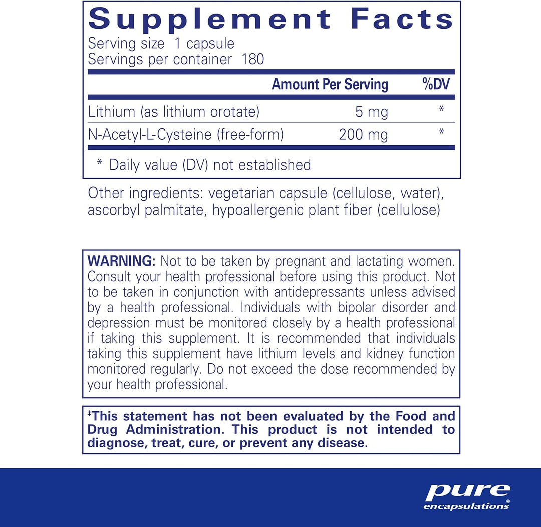 Pure Encapsulations Lithium Orotate Supports Brain Function NAC 180 Capsules