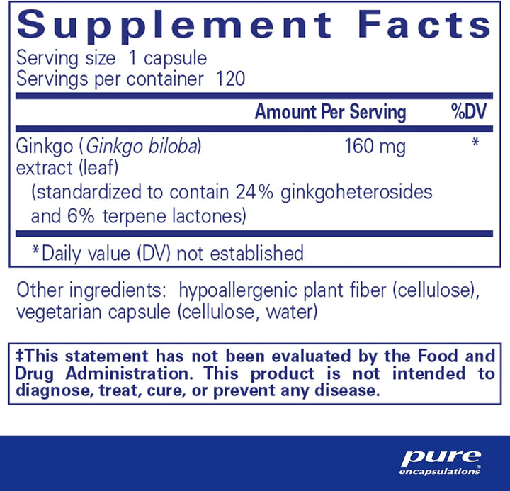 Pure Encapsulations Ginkgo 50 160mg Circulation Oxygen Memory Function 120 Caps