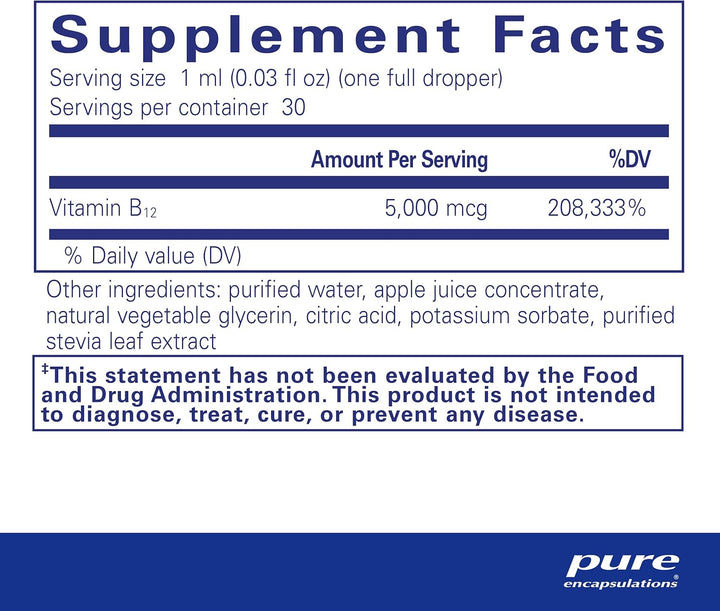 Pure Encapsulations B12 5000 Liquid Supports Energy Nerves Cognition 1 Fl oz