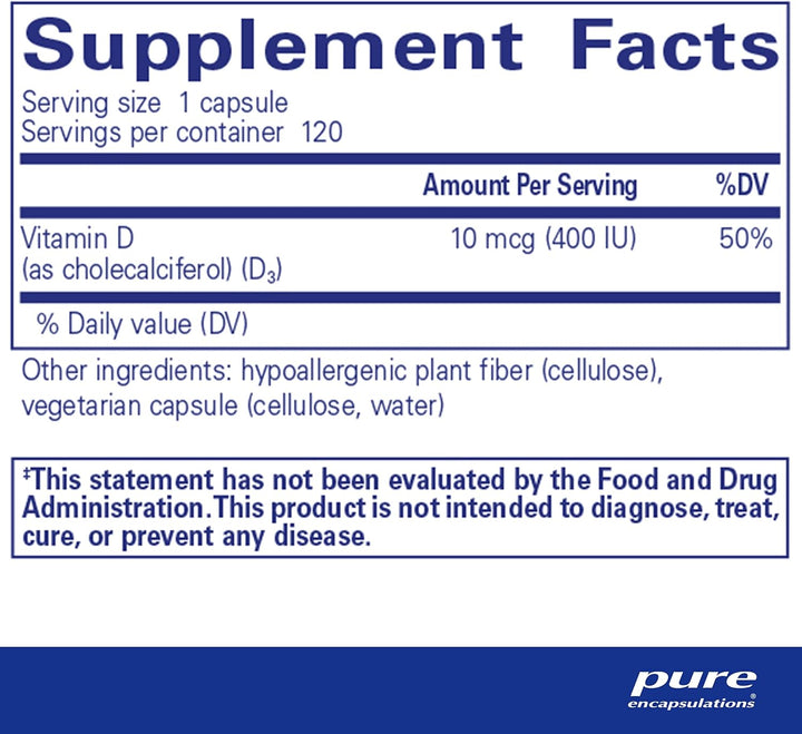 Pure Encapsulations Vitamin D3 400 IU Bone Heart and Immune Health 120 Capsules