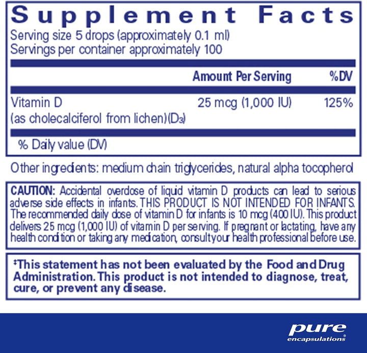 Pure Encapsulations Vitamin D3 Vegan Supports Bone and Immune Health 0.3 Fl oz