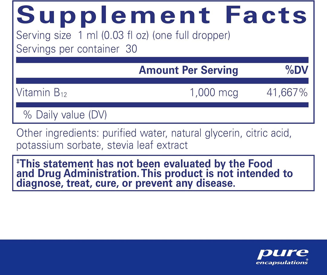 Pure Encapsulations B12 Liquid Supports Energy Nerves Immune Function 1 fl oz