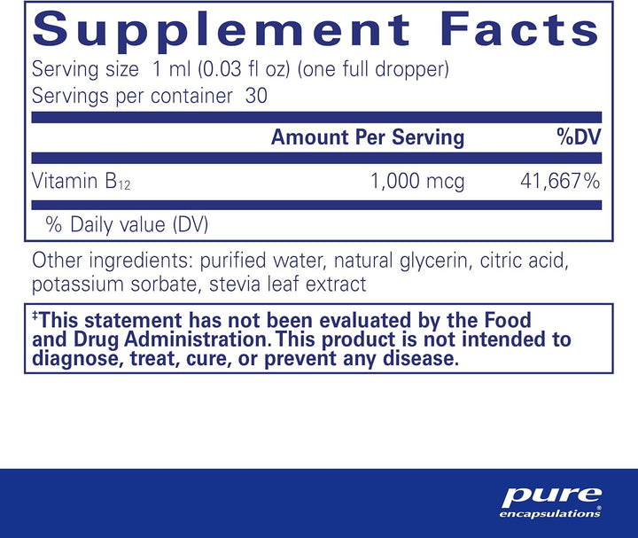 Pure Encapsulations B12 Liquid Supports Energy Nerves Immune Function 1 fl oz