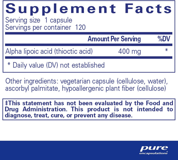 Pure Encapsulations Alpha Lipoic Acid 400 mg Supports Cell Health 120 Capsules
