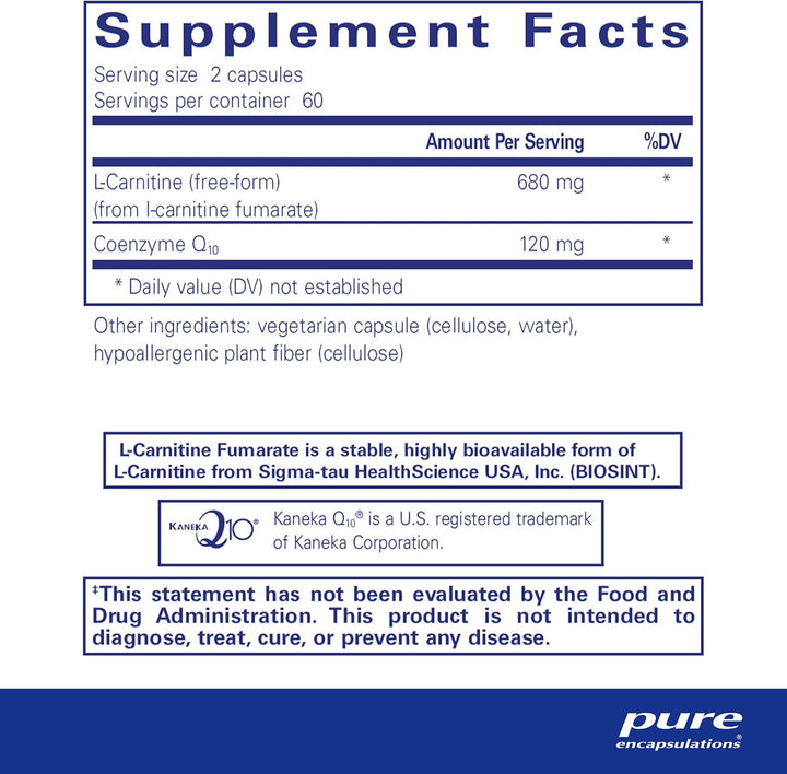 Pure Encapsulations CoQ10 Carnitine Supports Heart and Energy Health 120 Caps