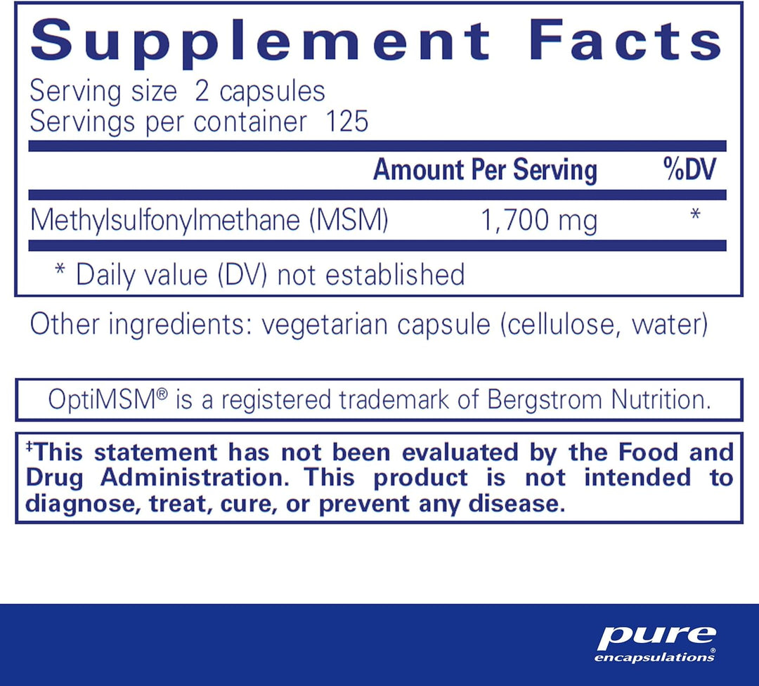 Pure Encapsulations MSM Capsules Joint Support Vegan Formula 250 Capsules