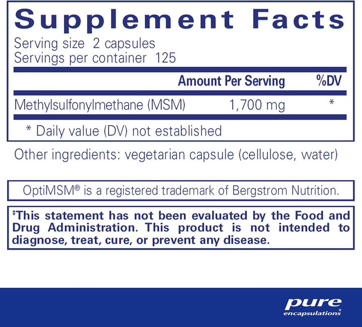 Pure Encapsulations MSM Capsules Joint Support Vegan Formula 250 Capsules