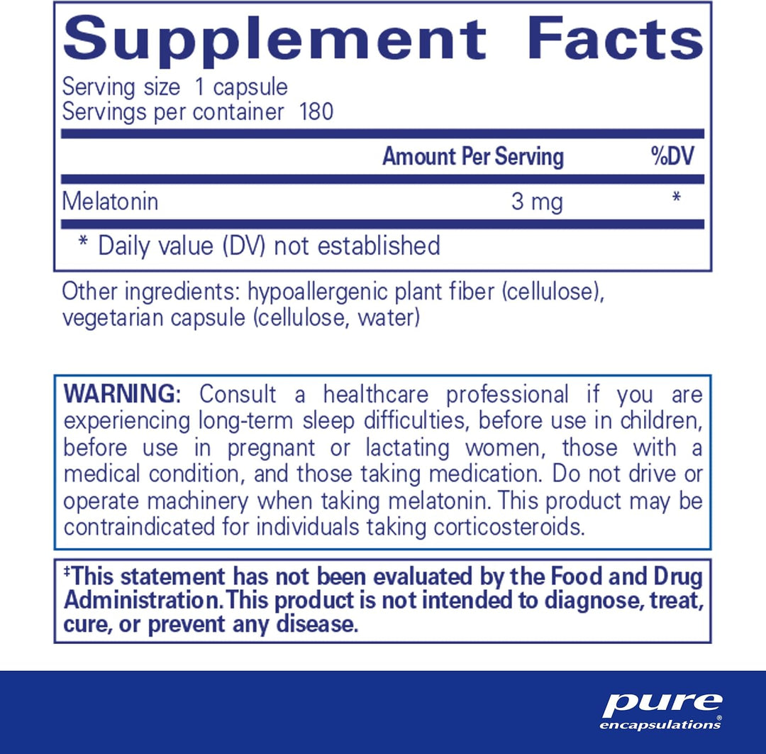 Pure Encapsulations Melatonin 3 mg Supports Restful Sleep Cycle 180 Capsules