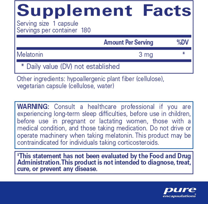 Pure Encapsulations Melatonin 3 mg Supports Restful Sleep Cycle 180 Capsules