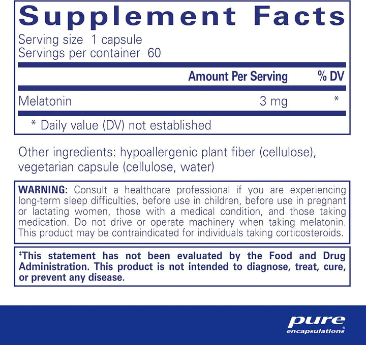 Pure Encapsulations Melatonin 3 mg Supports Restful Sleep Cycle 60 Capsules