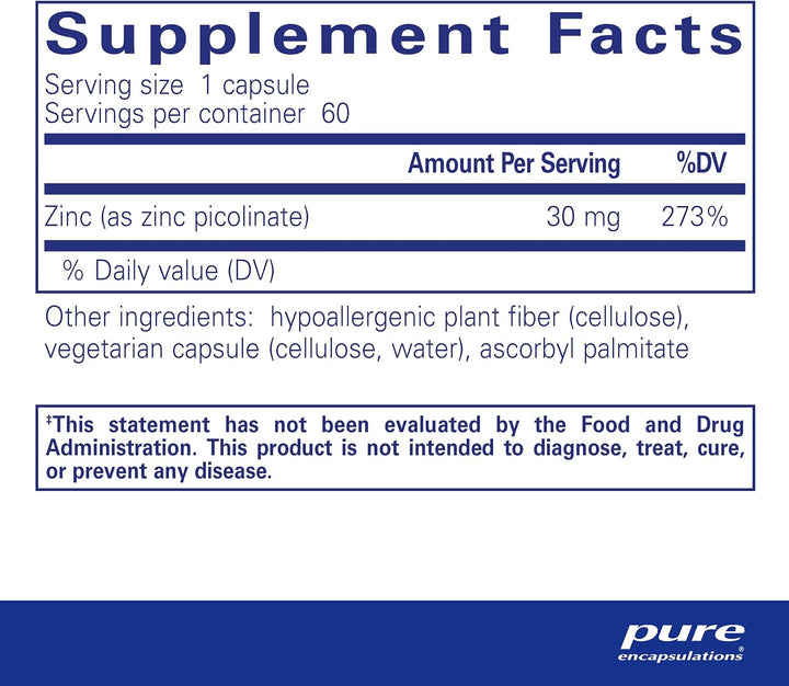 Pure Encapsulations Zinc 30 mg Supports Immune Health Picolinate 60 Capsules