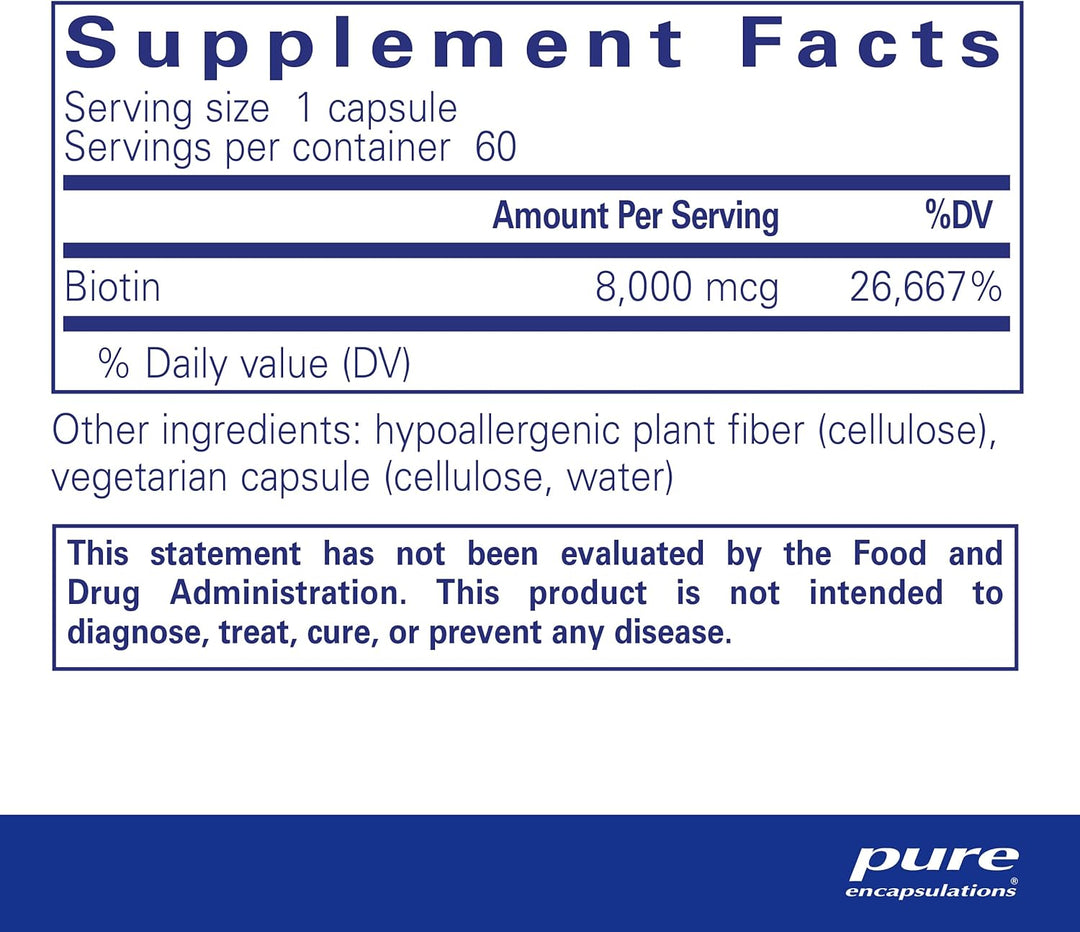 Pure Encapsulations Biotin 8 mg For Hair Skin Nail Metabolism Support 60 Caps