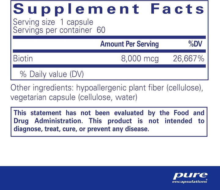 Pure Encapsulations Biotin 8 mg For Hair Skin Nail Metabolism Support 60 Caps