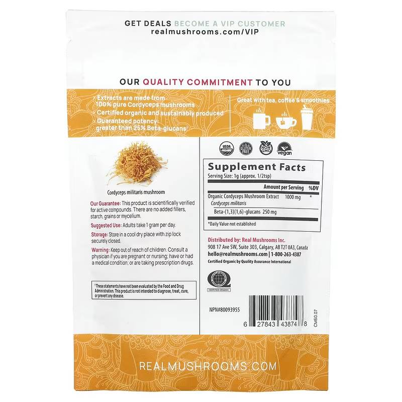 Back view of Real Mushrooms Cordyceps Organic Mushroom Extract Bulk Powder 60 grams packaging with supplement facts.