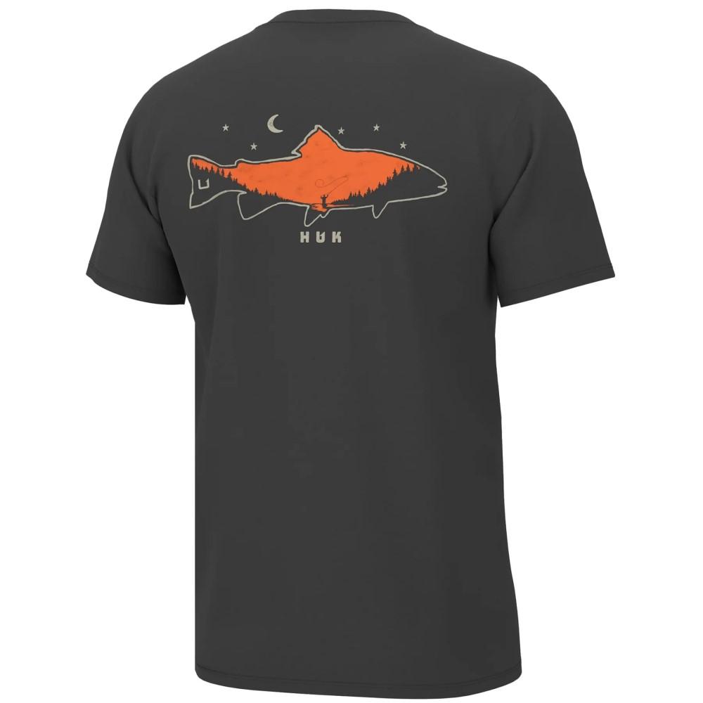 Huk Moon Trout Short Sleeve Shirt Volcanic Ash Small Cotton Blend UPF 50 Crew