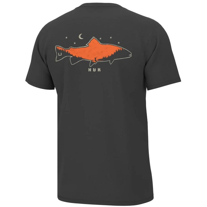 Huk Moon Trout Short Sleeve Shirt Volcanic Ash Small Cotton Blend UPF 50 Crew