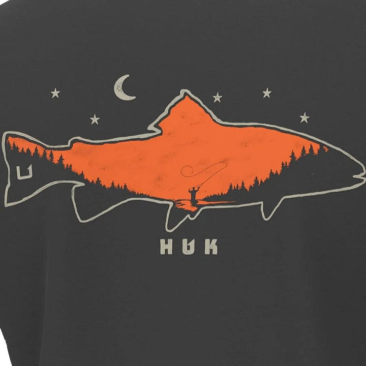 Huk Moon Trout Short Sleeve Shirt Volcanic Ash Small Cotton Blend UPF 50 Crew