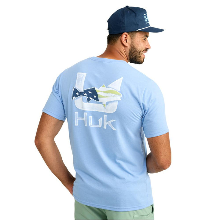 Huk Fish Flag Short Sleeve Shirt Marolina Blue Lightweight Breathable Fit L Size