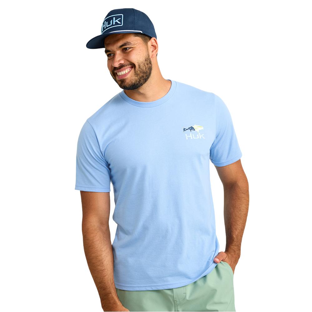 Huk Fish Flag Short Sleeve Shirt Marolina Blue Lightweight Breathable Fit L Size