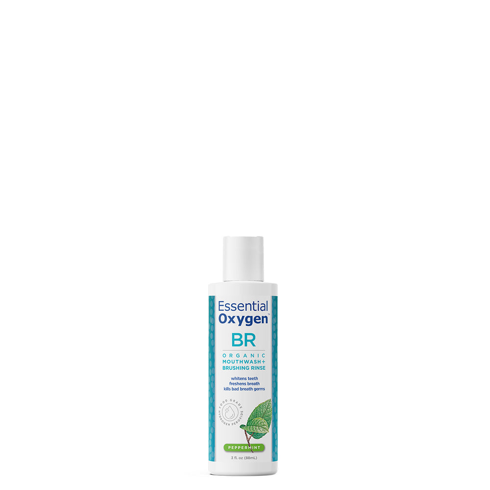 Enjuague bucal Essential Oxygen de 3 oz que promueve un aliento fresco y la salud bucal.