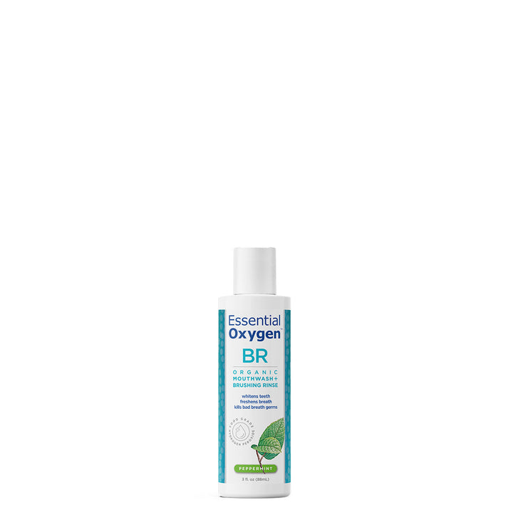 Enjuague bucal Essential Oxygen de 3 oz que promueve un aliento fresco y la salud bucal.