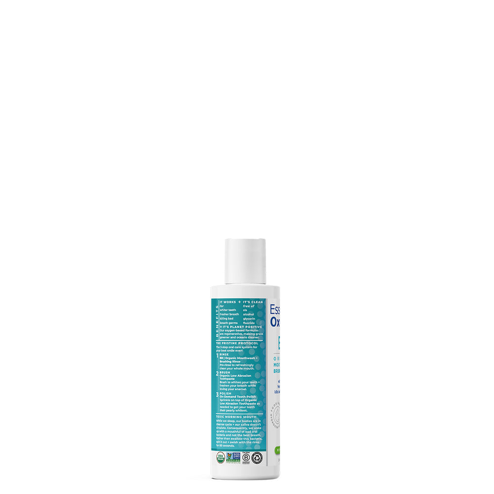Enjuague bucal Essential Oxygen de 3 oz que promueve un aliento fresco y la salud bucal.