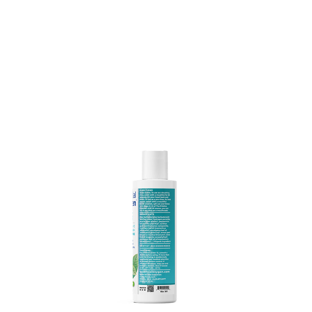 Enjuague bucal Essential Oxygen de 3 oz que promueve un aliento fresco y la salud bucal.