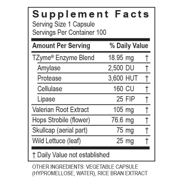 Supplement Facts for Transformation Enzyme DigestZyme showing ingredients and nutritional information.