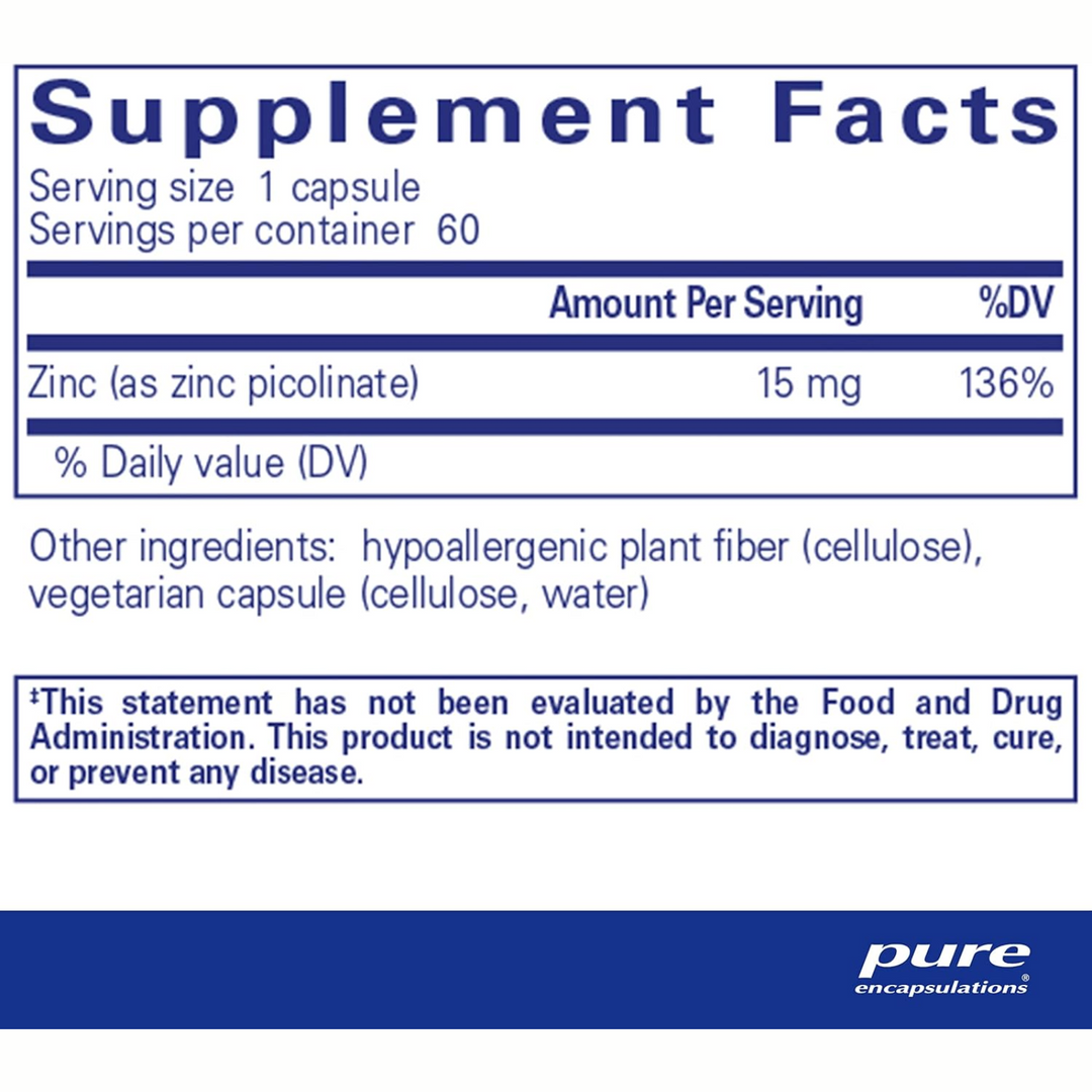 Pure Encapsulations Zinc 15 mg Supports Immune Function Picolinate 60 Capsules