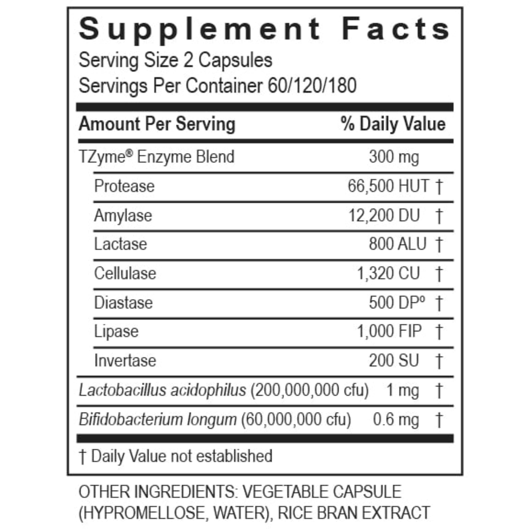 Supplement Facts for Transformation Enzyme DigestZyme, including TZyme Enzyme Blend and probiotic strains.
