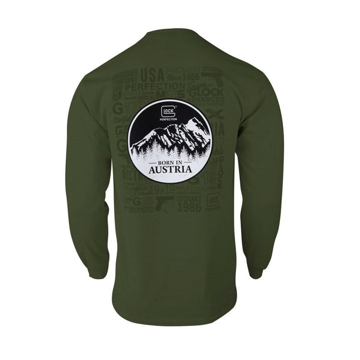 Glock Born in Austria Long Sleeve Shirt Military Green Soft Fabric Fit 3XL Size