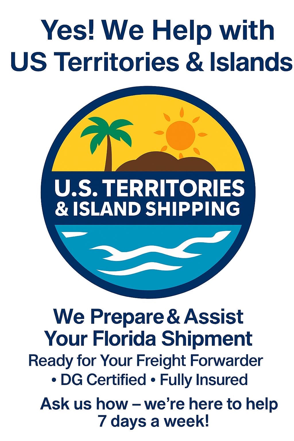 U.S. Territories & Island Shipping graphic with sun, palm tree, and shipping assistance details.