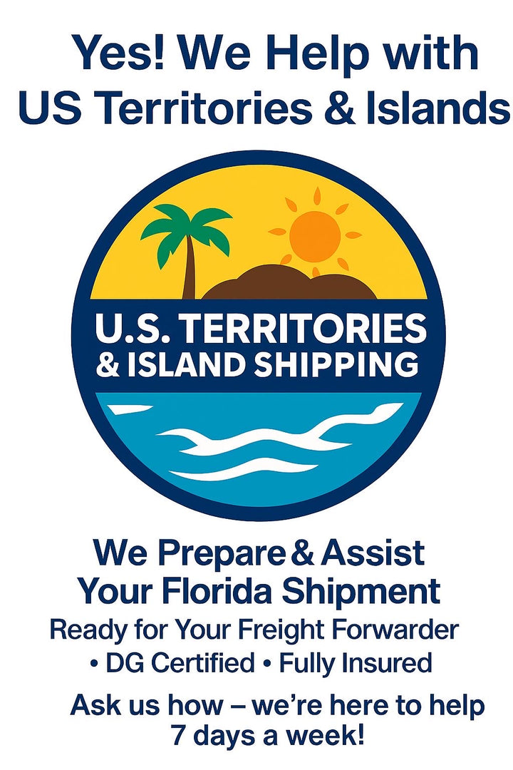 U.S. Territories & Island Shipping graphic with sun, palm tree, and shipping assistance details.