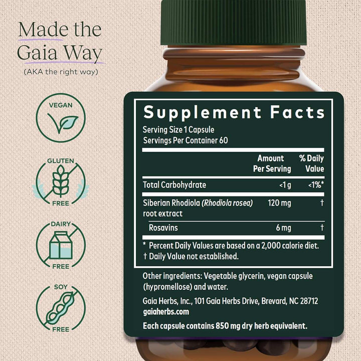 Gaia Herbs Rhodiola Rosea 60 Liquid Phyto Caps Stress Support Supplement