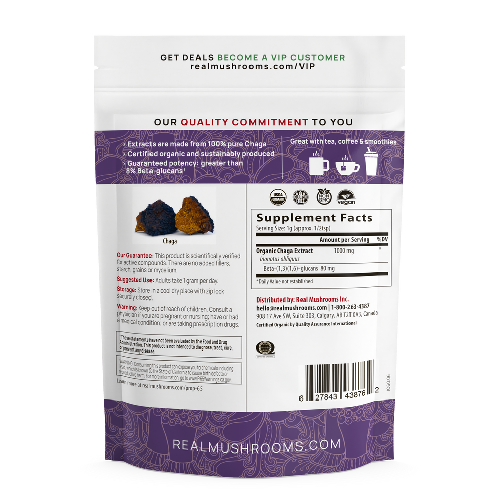 Extracto de Chaga en polvo de hongos reales (60 gramos) para reforzar el sistema inmunitario. Sin gluten.