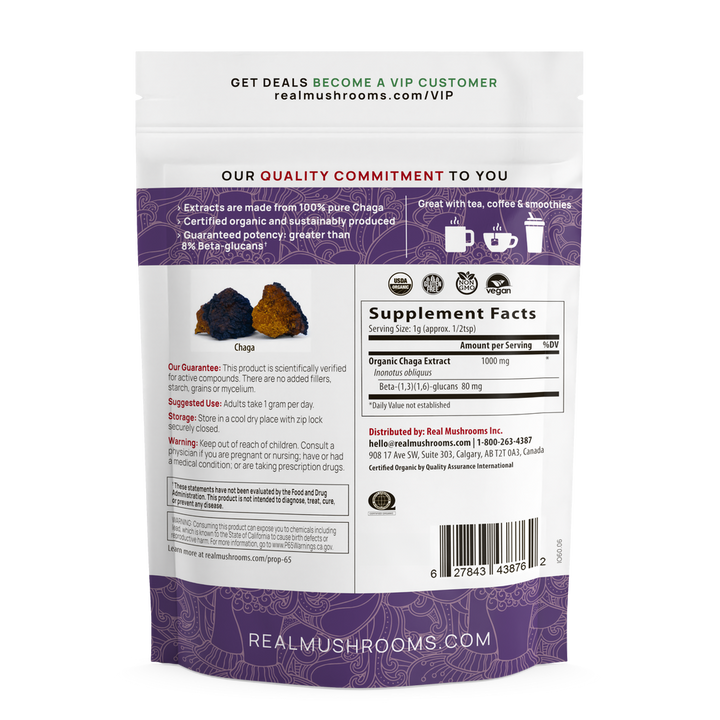 Extracto de Chaga en polvo de hongos reales (60 gramos) para reforzar el sistema inmunitario. Sin gluten.