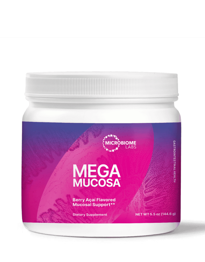 Polvo MegaMucosa de Microbiome Labs (157 g) que favorece la salud del revestimiento intestinal y el sistema inmunitario.