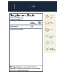 Supplement facts and certifications for Quicksilver Scientific DIM Nano Absorption Liquid, 1.7 oz, 3 pack.