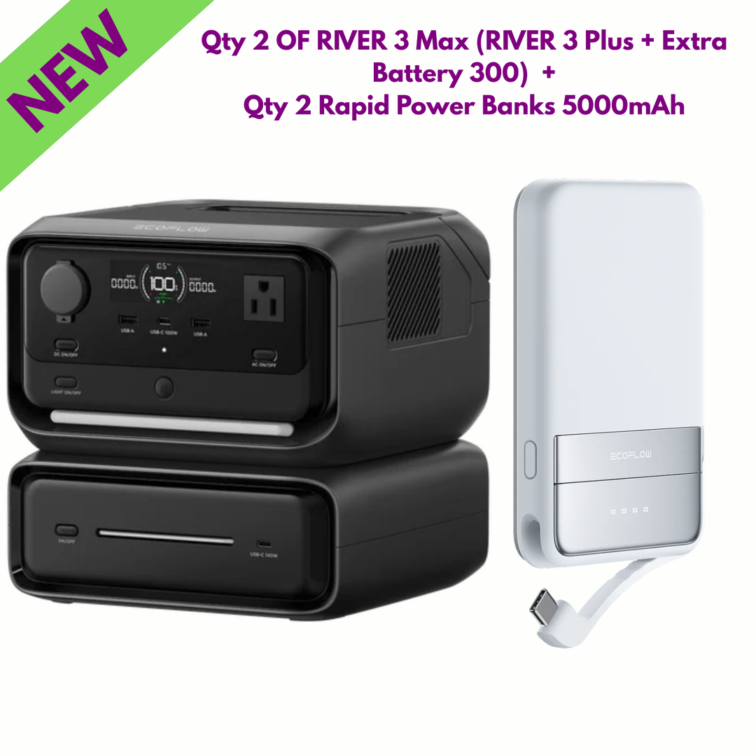 EcoFlow Qty 2 River 3 Max Power Stations (RIVER 3 Plus + Extra Battery 300) + Qty 2 Rapid Power Banks 5000mAh