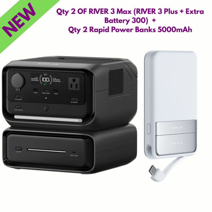 EcoFlow Qty 2 River 3 Max Power Stations (RIVER 3 Plus + Extra Battery 300) + Qty 2 Rapid Power Banks 5000mAh