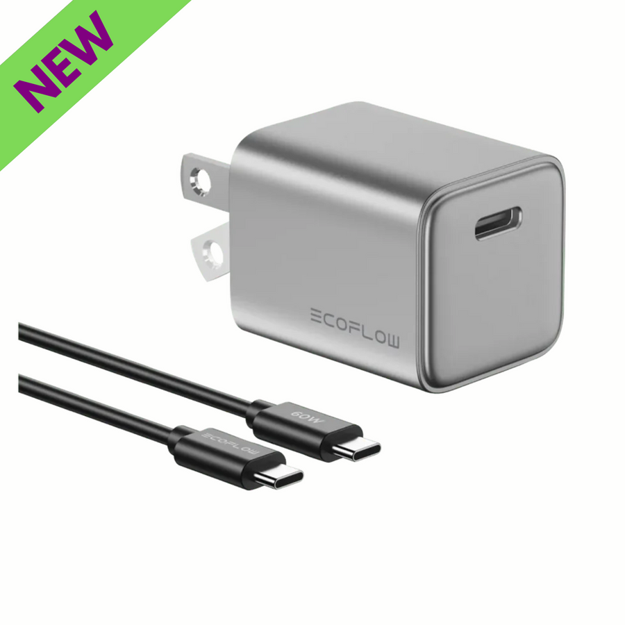 EcoFlow RAPID 20W GaN Charger 60W Cable Fast Efficient USB C Power Adapter with a sleek design, perfect for quick charging.