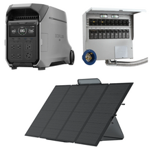 Load image into Gallery viewer, EcoFlow DELTA Pro 3 portable power station with 400W solar panel and A510A transfer switch for efficient energy solutions.
