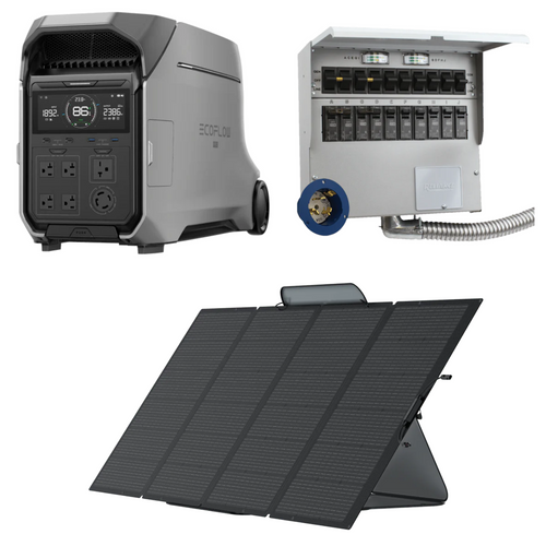 EcoFlow DELTA Pro 3 portable power station with 400W solar panel and A510A transfer switch for efficient energy solutions.