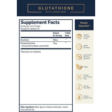 Load image into Gallery viewer, Quicksilver Scientific Glutathione Supplement Facts Label with Lemon Mint Flavor, Allergen-Free, Non-GMO, Vegan.
