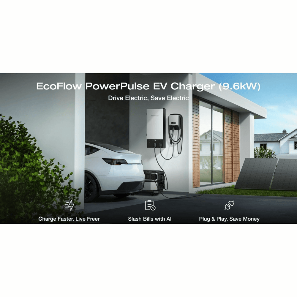 EcoFlow PowerPulse EV Charger 9.6kW Portable Electric Vehicle Charging in use at a home, promoting eco-friendly energy.